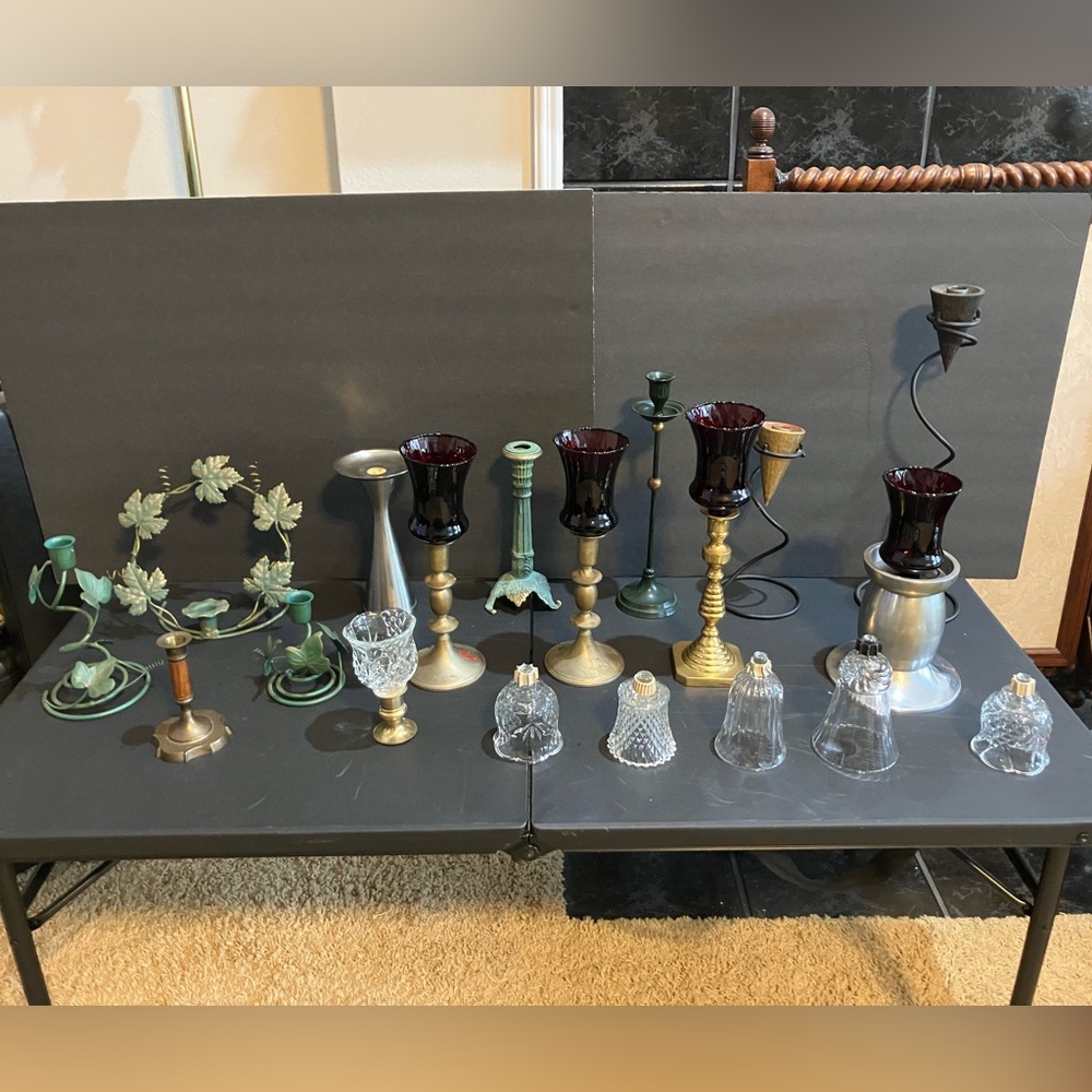 LOT: candle stick/votive holders and votives